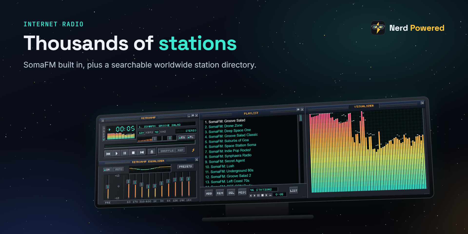 Internet radio: the player, equalizer, station playlist and a big spectrum visualizer across the XENEON EDGE.