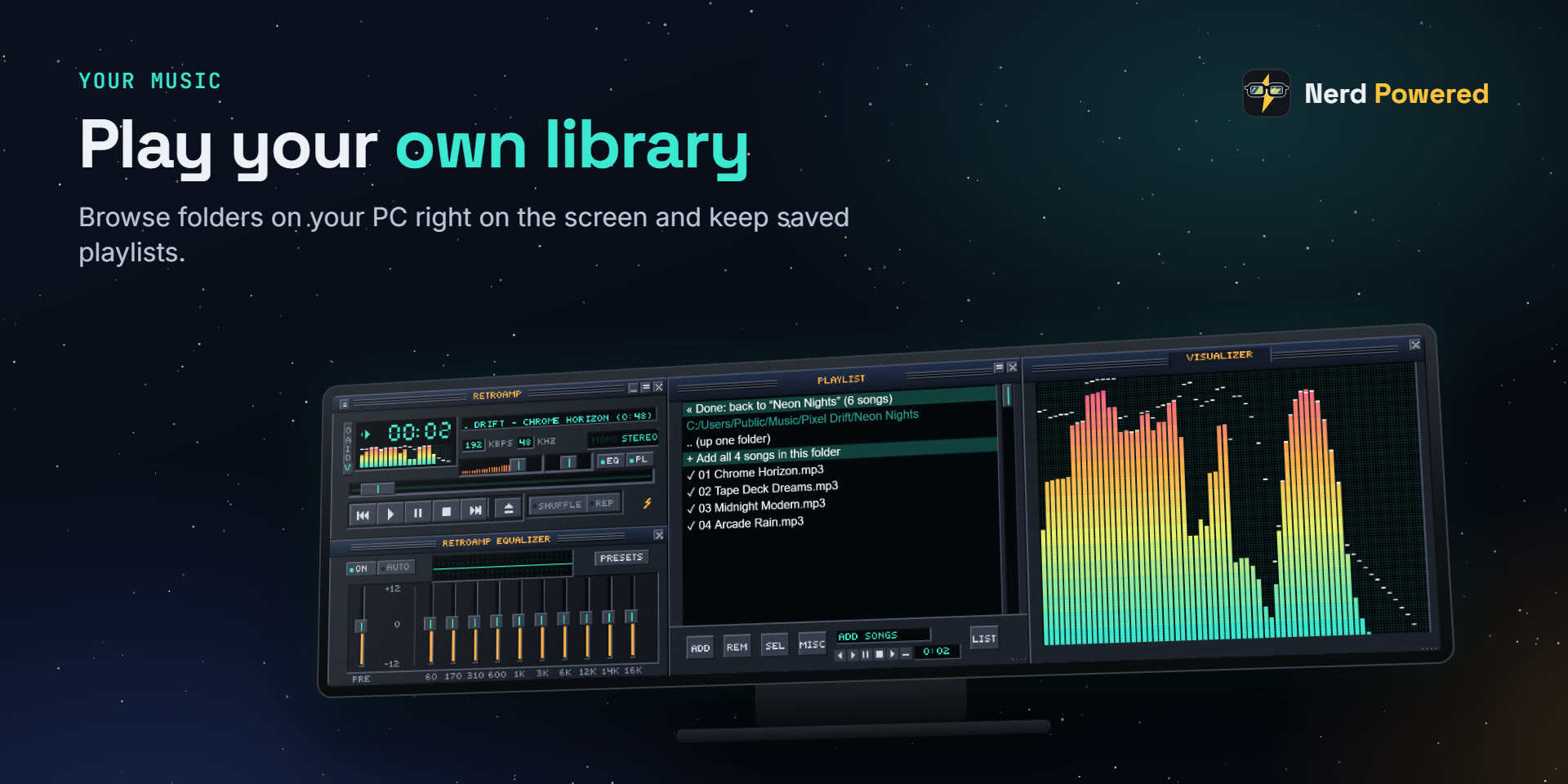 Your own music: the playlist window browsing a music folder on the PC to add songs.