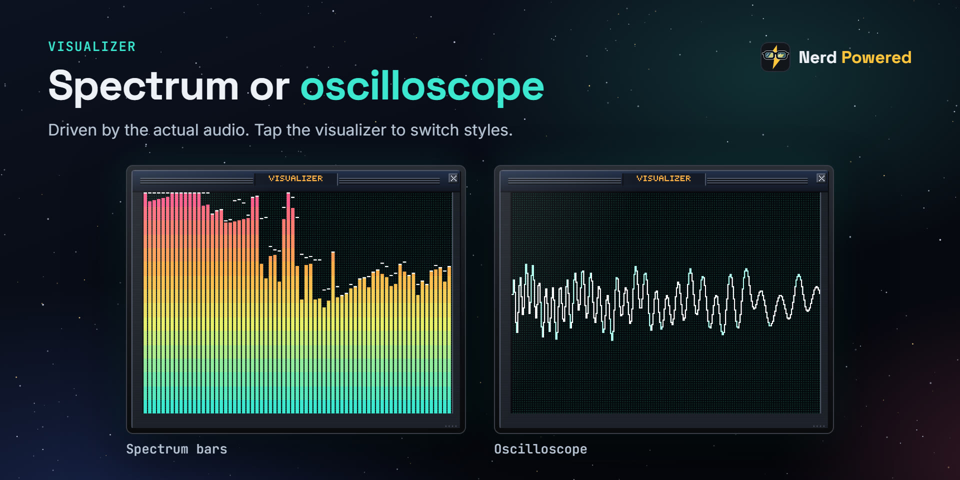 The visualizer in spectrum bars and oscilloscope modes.